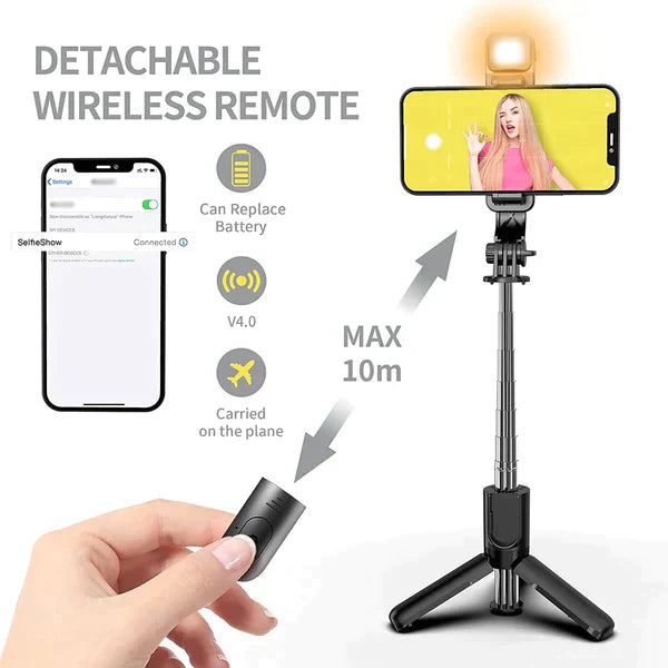 4 in 1 Folding Tripod Selfie Stick With Bluetooth Remote LED Light and Extendable Tripod Stand