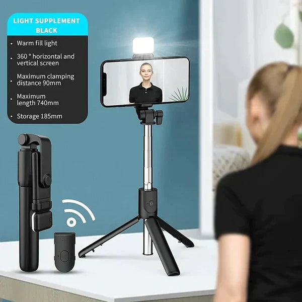 4 in 1 Folding Tripod Selfie Stick With Bluetooth Remote LED Light and Extendable Tripod Stand