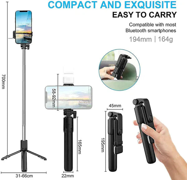 4 in 1 Folding Tripod Selfie Stick With Bluetooth Remote LED Light and Extendable Tripod Stand